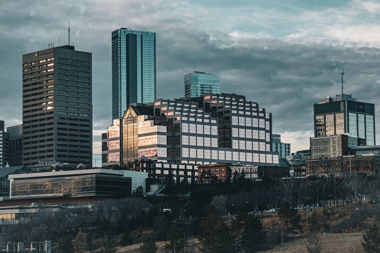 Downtown Edmonton office towers under an overcast sky