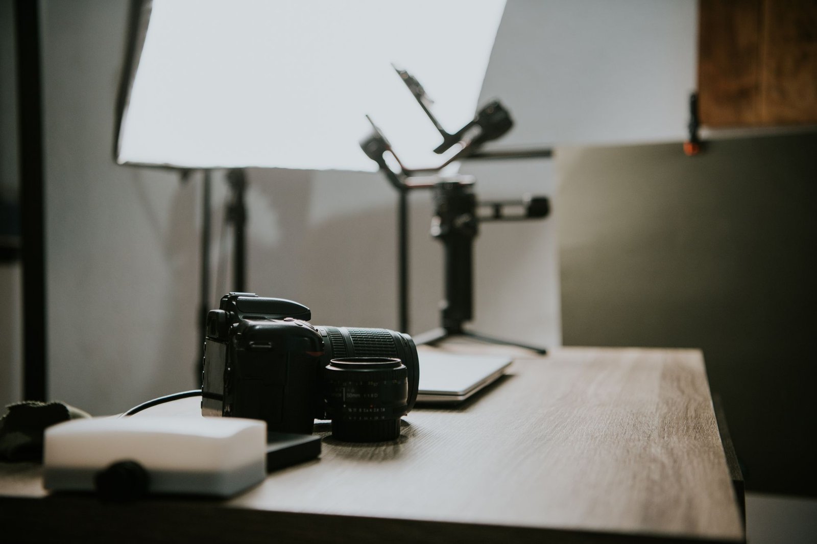 Professional photography studio with camera and softbox lighting
