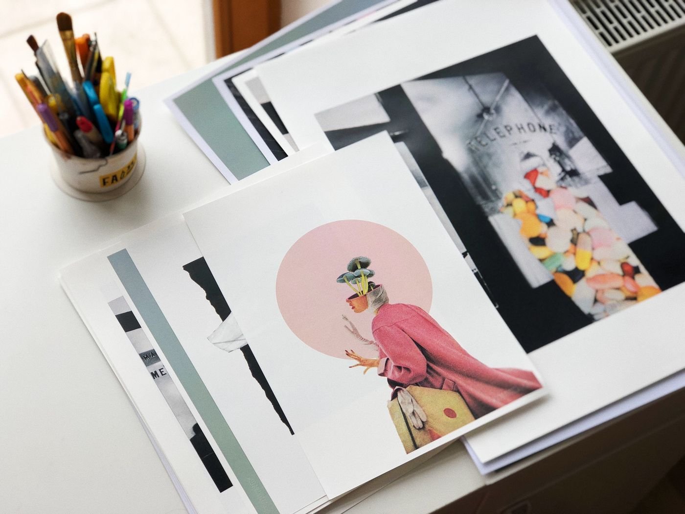 Brightly printed posters and design work